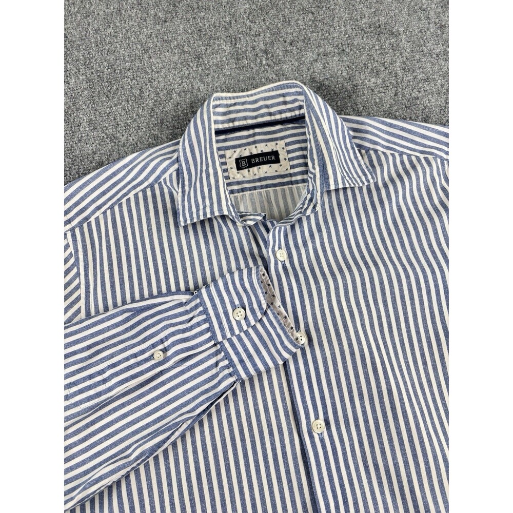 Breuer Mens M Shirt Blue White Stripe Long Sleeve Cotton